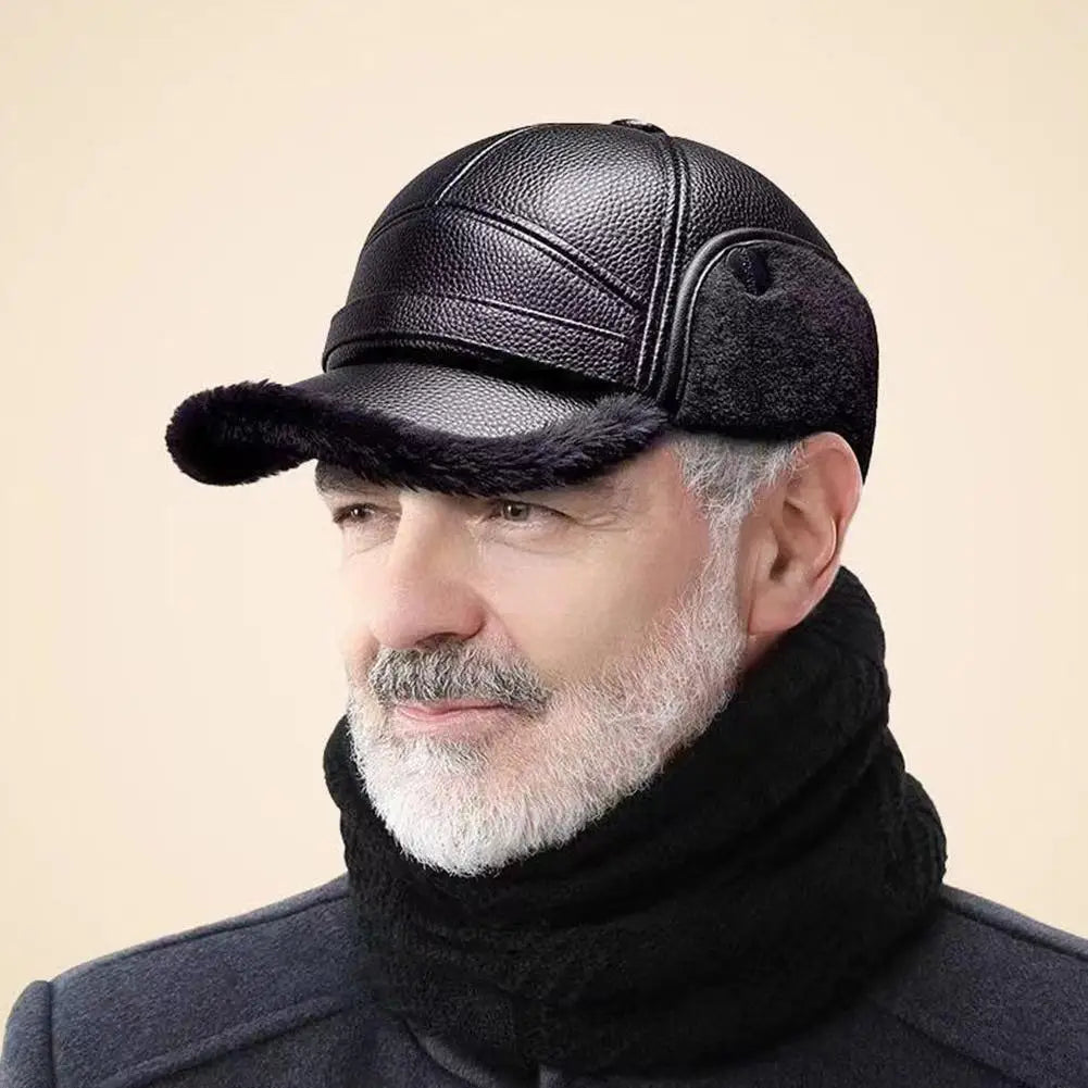 Winter Baseball Cap Men PU Leather Bomber Caps Middle Elderly Dad Hat With Earflaps Thicker Warm Windproof Tongue Hat Keep Warm