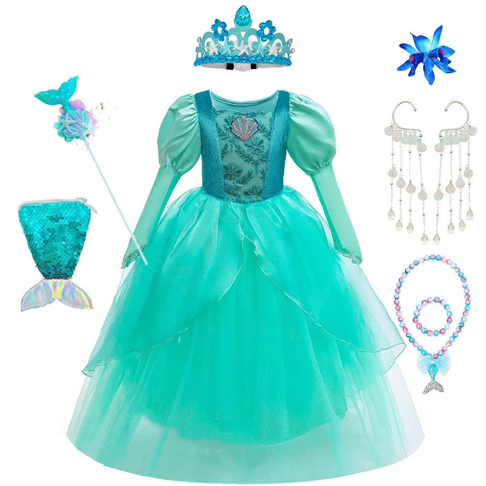 Girls Mermaid Dress Ariel Long Sleeves Cosplay Halloween Costume Kids Fluffy Tulle Shell Applique Frocks Elegant Gown