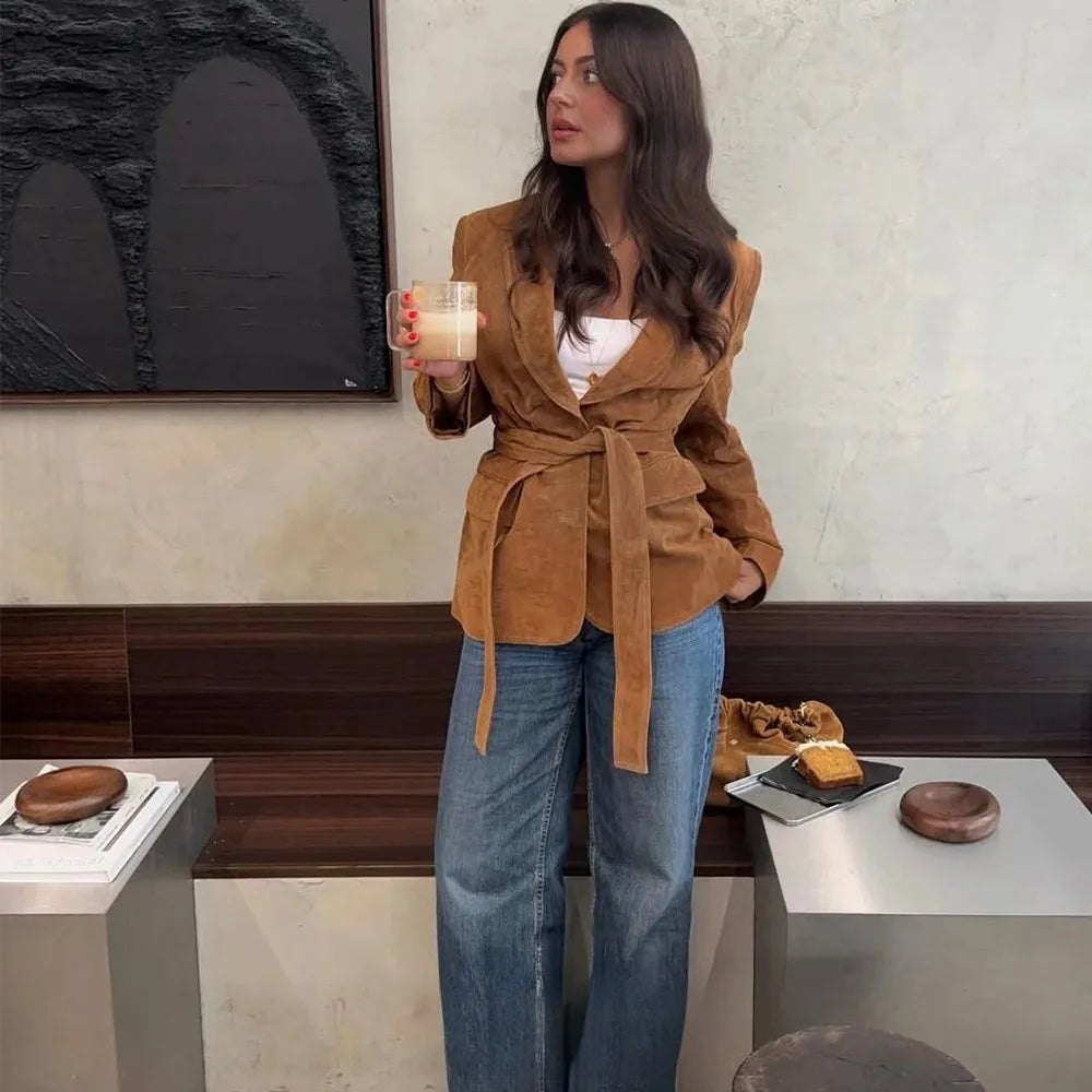Office Lady Suede Blazer V Neck Sashes Long Pockets Blazer Fashion 2025 Fall Streetwear Outwear Winter Thick Coats