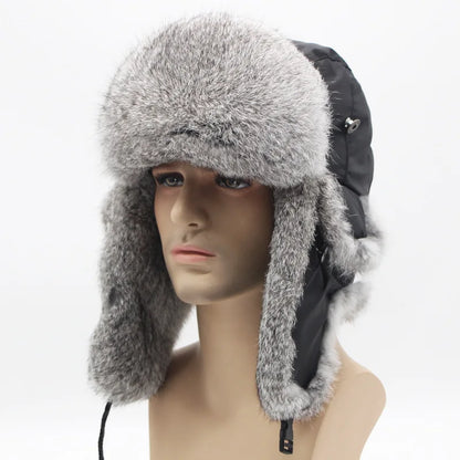 Sports Winter Fashion Trapper Hats Men Thick real Rex Rabbit Fur Bomber Cap with Warm Snow Ear Flap Hiking Hats for Outdoor