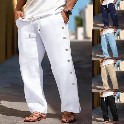 Men's Casual Cotton Linen Pants Drawstring Waist Side Button Decor Straight Leg Lightweight Breathable Summer Beach Trousers