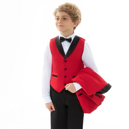 Vibrant Contrast Lapel Boy's Suit Bold Red & Black For Boys 4-Piece Suit Sleek Formal Ring Boys Includes Blazer Vest Pants