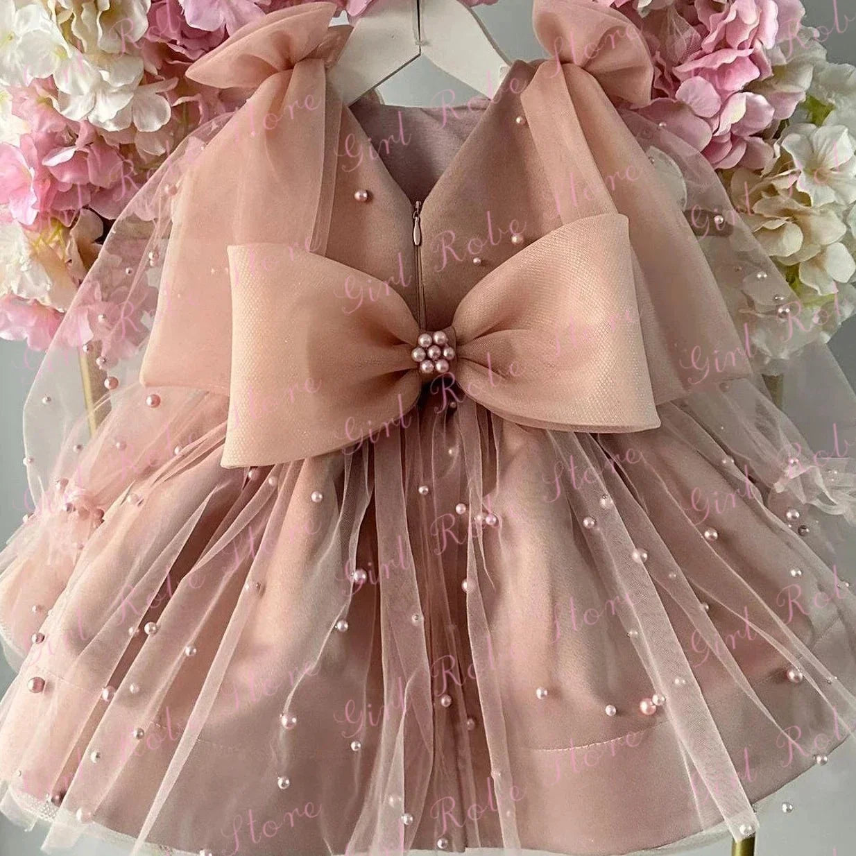 Customized Dusty Pink Flower Girl Dress Full Sleeves Tulle Pearls Puffy With Bow Toddler Birthday Party Banquet Photo Shoot Gown