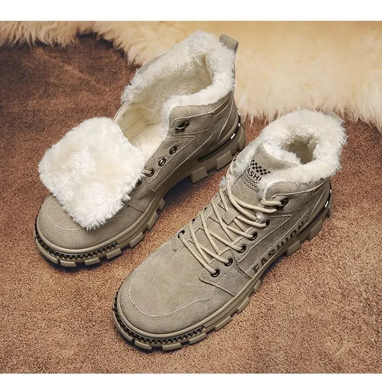 Men Snow Boots  Winter Anti Slip Plush Indoor Warm Cold Proof Snow Boots High Top Platform Lace Up Outdoor Sport Work Boots