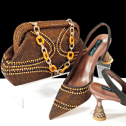 New Italian Pumps and Bag To Party 2024 INS Style Pointed-Toe Rhinestone Elegant High Heels Champagne Wedge for Women