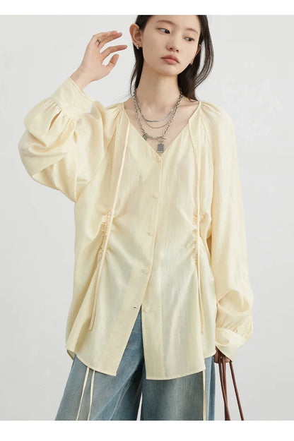 Women Loose Lace Up Shirt Solid New Korean V-neck Pleated Raglan Long Sleeved Blouses Female Tops Spring Summer 2026