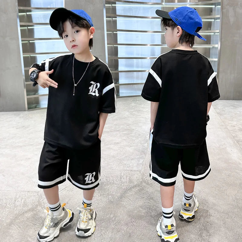 2025 Kids Summer Clothing Boys Top and Bottom Set Beige Black Color T-shirt Shorts 2PCS Tracksuit Set Teens Child Casual Outfit