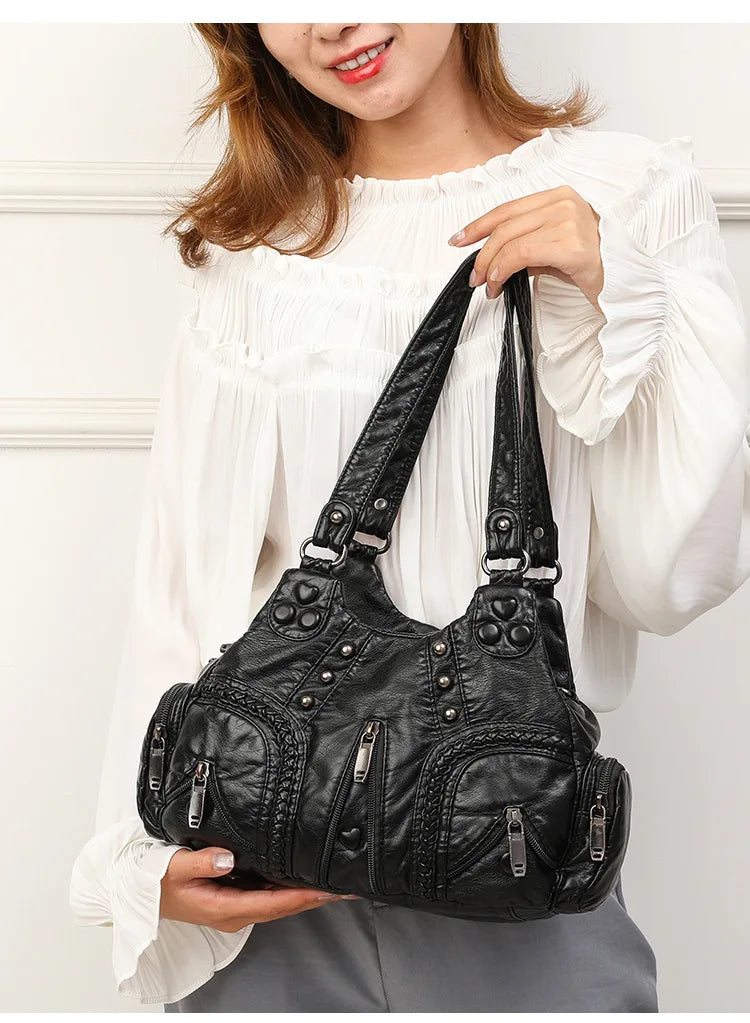Black Y2k Women Shoulder Bag Vintage Punk Goth Fashion Designer Pu Leather Tote Bag Large Capacity Rivet Motorcycle Handbag