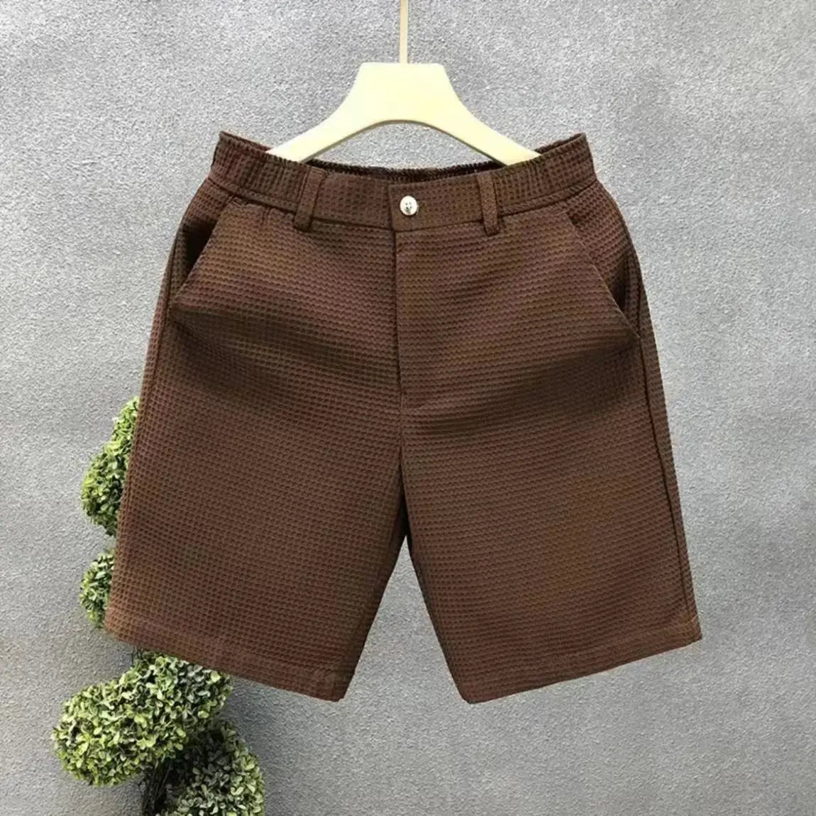 Men's Shorts Plaid Texture Solid Straight-leg Business Social Elastic Waist Button Short Pants Loose Knee Length Casual Short