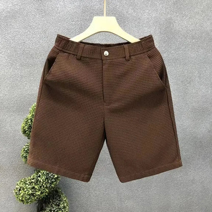 Men's Shorts Plaid Texture Solid Straight-leg Business Social Elastic Waist Button Short Pants Loose Knee Length Casual Short