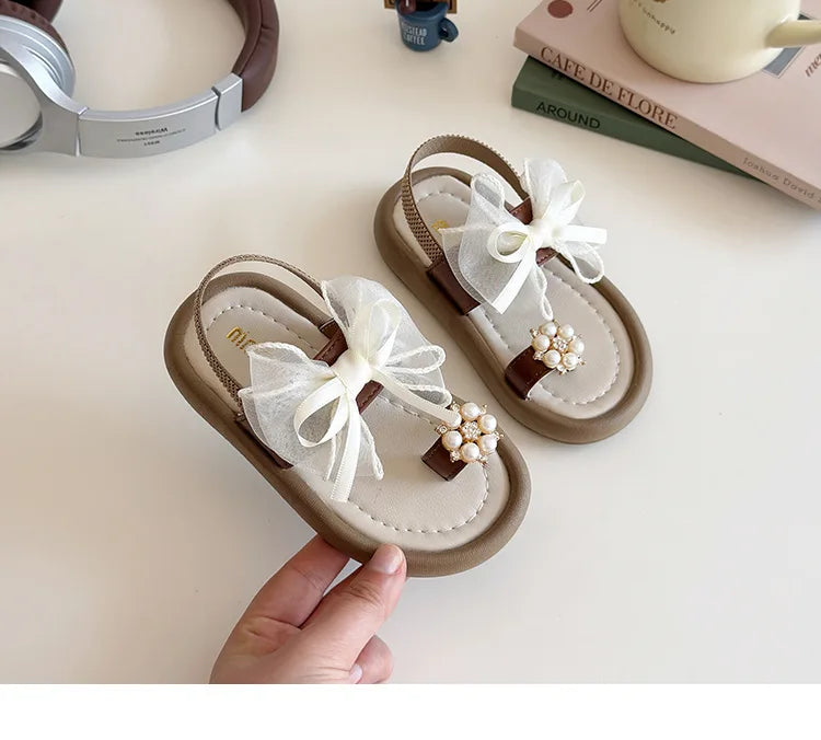 Summer Girl's Sandals Clip-toe Bowknot Elastic Band Soft Sole Kids Sliders Beautiful Pu Leather Chunky Morden Children Shoes