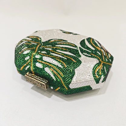 Green Leaf Diamond Evening Bag Gold Crystal Wedding Prom Clutches Formal Lady Rhinetone Chain Shoulder Handbags Party Purse
