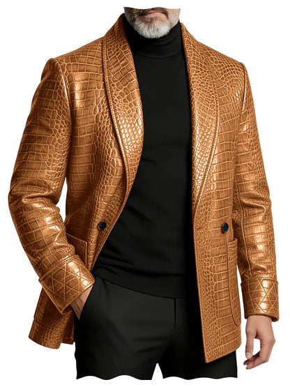 Men's Crocodile Pattern Leather Blazer 1 Button Shawl Collar Tuxedo Jacket Formal Business Wedding Coat Luxury Suit Outerwear