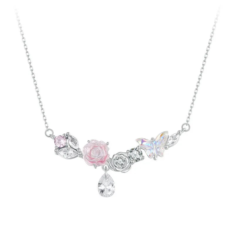 925 Sterling Silver Romantic Flower Necklace Fantasy Butterfly Neck Chain for Women  Valentine's Day Fine Jewelry Gift