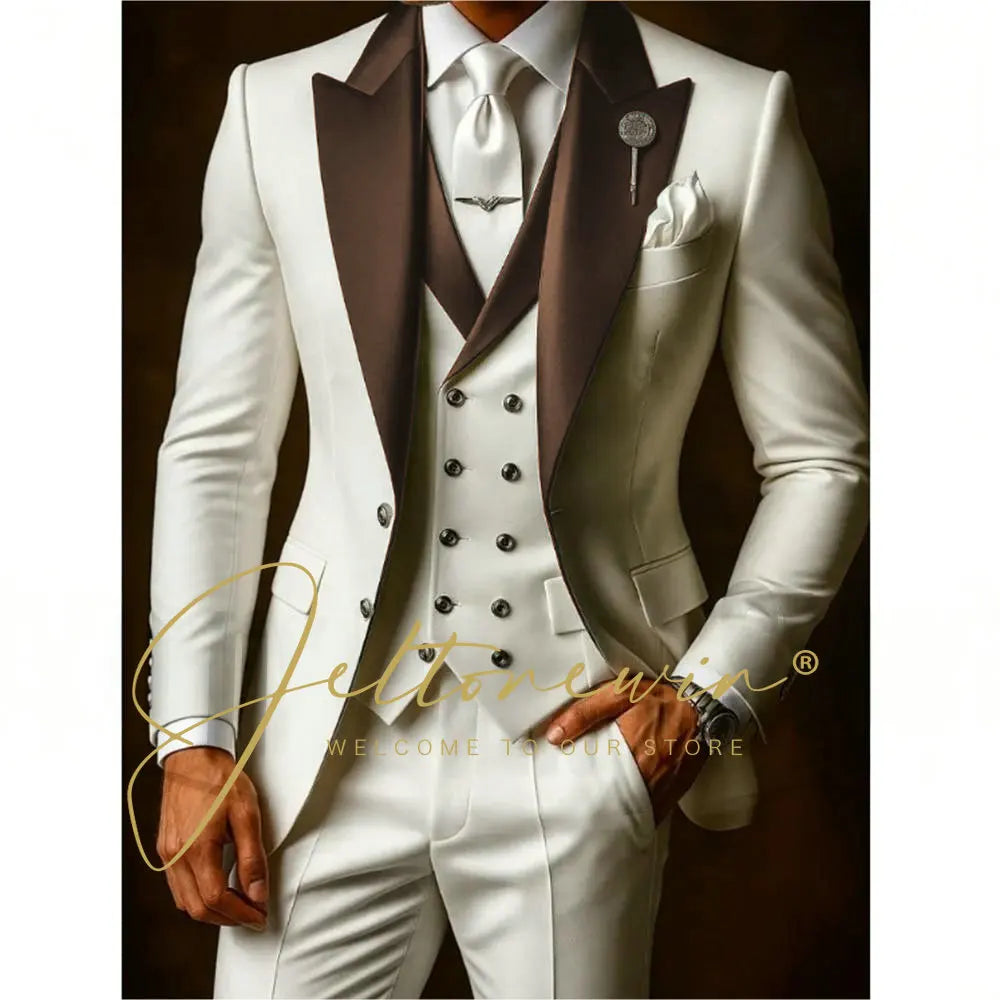 White Suits Set For Men Wedding Party Fashion Blazer Vest Pants Formal Groomsmen Tailor-made Male High Quality Groom Tuxedos
