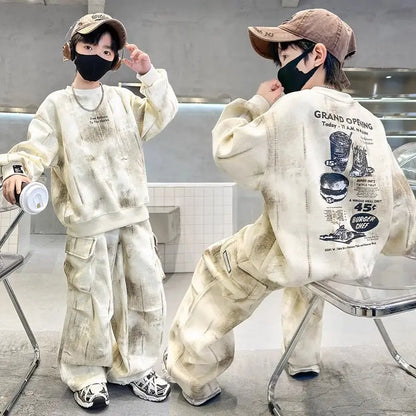 Boys Loose Tie Dye Printed Workout Sweatshirt+Sweatpant Streetwear Set School Kids 2PCS Tracksuit Children Jogger Outfit 5-16 Yr