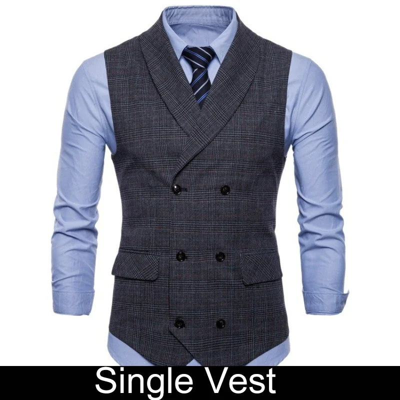 Men Vest Vintage Plaid Turn Down Collar Male Suit Vest Slim Double-breasted Sleeveless Business Casual Man Waistcoat