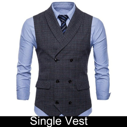Men Vest Vintage Plaid Turn Down Collar Male Suit Vest Slim Double-breasted Sleeveless Business Casual Man Waistcoat
