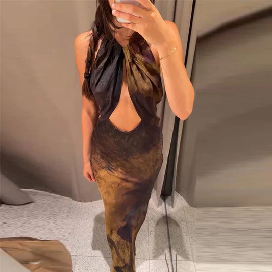Sexy Printed Halter Backless Party Gowns 2026 New Female Slim Hollow-out Sleeveless Long Robes Women's Club Bodycon Dresses