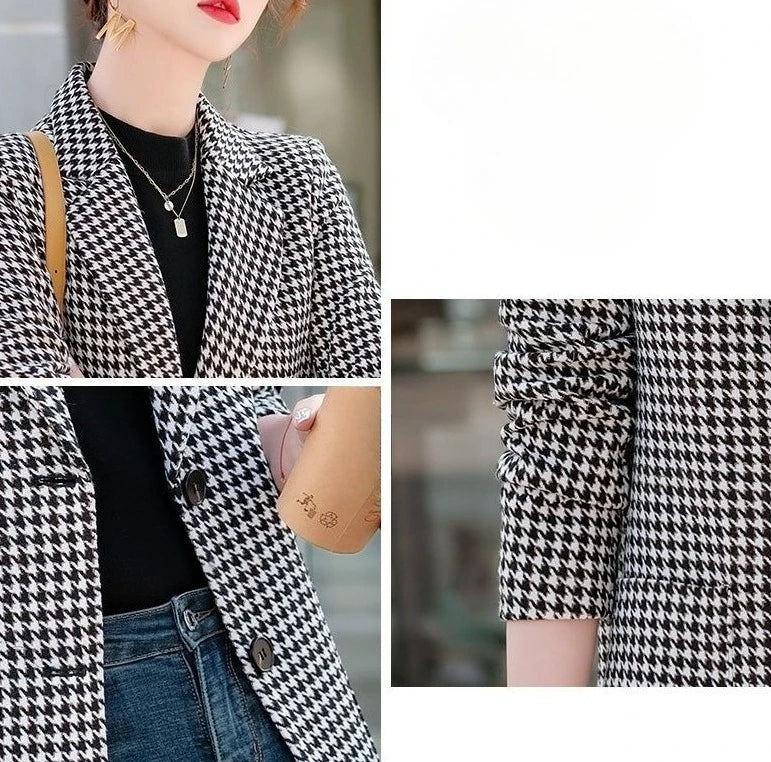 Women's Houndstooth Pattern Blazer Long Sleeve 2025 New Spring Autumn Korean Style Elegant Casual Elegance Daily Wear