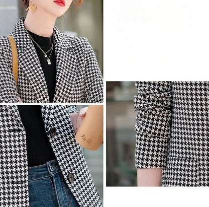 Women's Houndstooth Pattern Blazer Long Sleeve 2025 New Spring Autumn Korean Style Elegant Casual Elegance Daily Wear