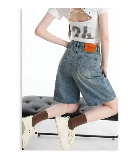 Women's High Waist Wide Leg  Y2K American Retro Washed Five-Point Denim Shorts Summer Loose Slim Straight Cut Mid-Length Pants