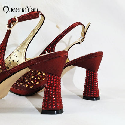 New Italian Design Open Toe Women High Heels for 2025 Elegant Party Wine Color Diamond Pumps Shoes and Bags Matching Set