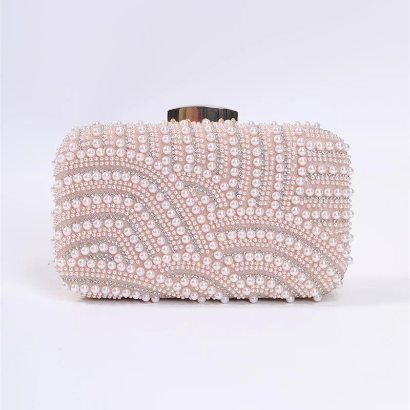 Ladies Pearl Elegant Evening Bag Fashionable Stylish Beading Wedding Dinner Party Banquet Dress Clutch Bag with Long Chain Purse