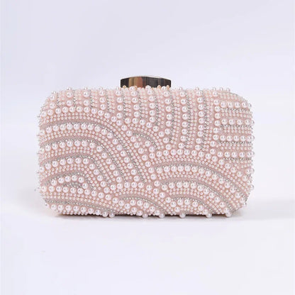 Ladies Pearl Elegant Evening Bag Fashionable Stylish Beading Wedding Dinner Party Banquet Dress Clutch Bag with Long Chain Purse