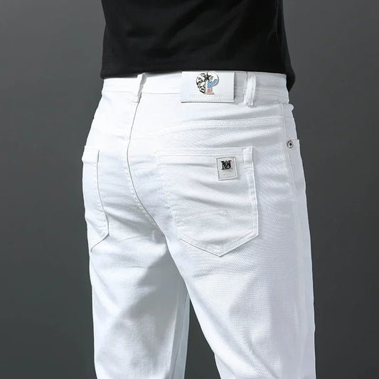 2026 Spring New Men Slim Jeans 98% Cotton White Stretch Straight Casual Fashion Pencil Pants High Quality Trousers Male Clothes
