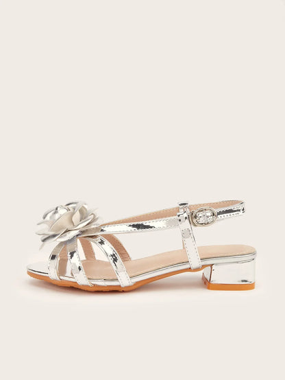 2025 Summer New Children's High Heels Fashion Flower Girls' Princess Sandals Silver Kid's Performance Dance Shoes 5-10 Years Old