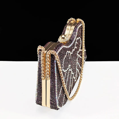 Med Heel Shoe for Women Hollowed Out Embroidery Rhinestone Italian Design Coffee Color Pointed-Toe Shoes and Bags Set