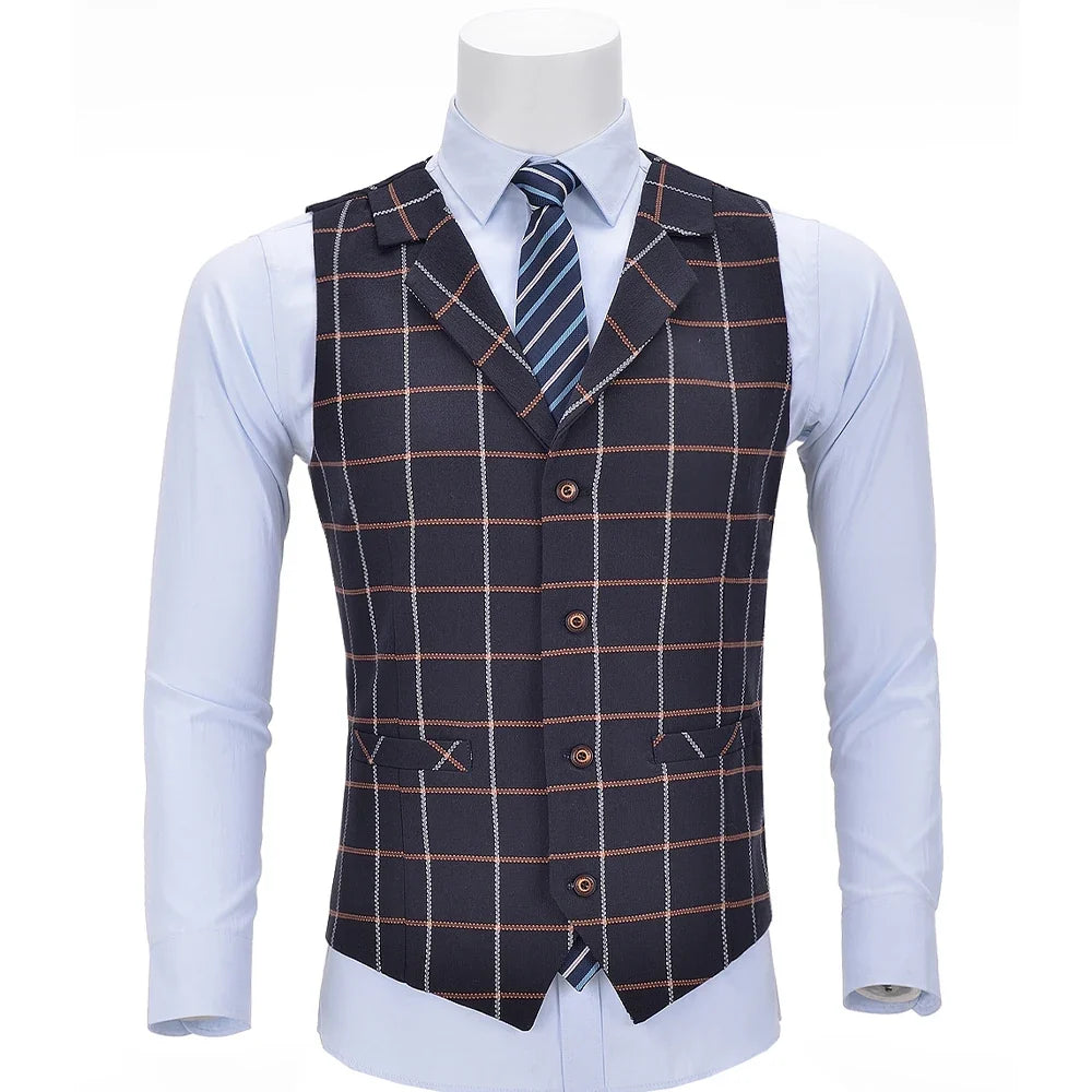 Mens Business Vest Boutique Slim Fit Single-breasted Cotton Suit Wool Plaid Navy Waistcoat For Wedding Formal Vest Groomsmen