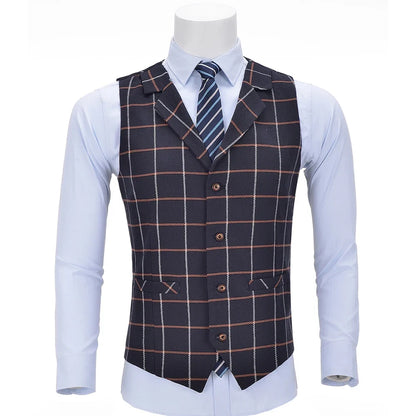 Mens Business Vest Boutique Slim Fit Single-breasted Cotton Suit Wool Plaid Navy Waistcoat For Wedding Formal Vest Groomsmen