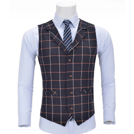 Mens Business Vest Boutique Slim Fit Single-breasted Cotton Suit Wool Plaid Navy Waistcoat For Wedding Formal Vest Groomsmen
