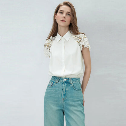 Women Shirt 2026 Summer New Lace Patchwork Lapel Collar Dolman Sleeve Blouse Loose Mid Length Office Cotton Shirt 12642040