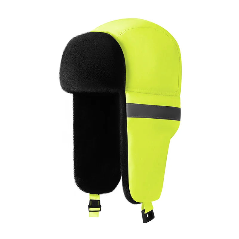 Men's Winter Trapper Aviator Earflap Warm Russian Waterproof Ski Hat Bomber Cap Safety Reflective Strip Protectors Hats