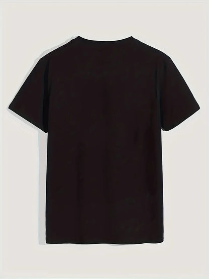 Men's Summer Casual Loose Size 100% Cotton Black Print Round Neck Short Sleeve T-shirt Top