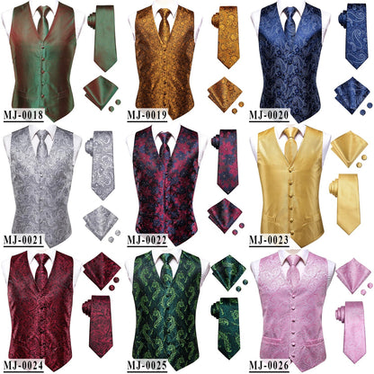 Wedding Coral Pink Mens Vest Silk Tie Set Adjustable Jacquard Waistcoat Jacket Necktie Hanky Cufflinks Formal Party Gifts