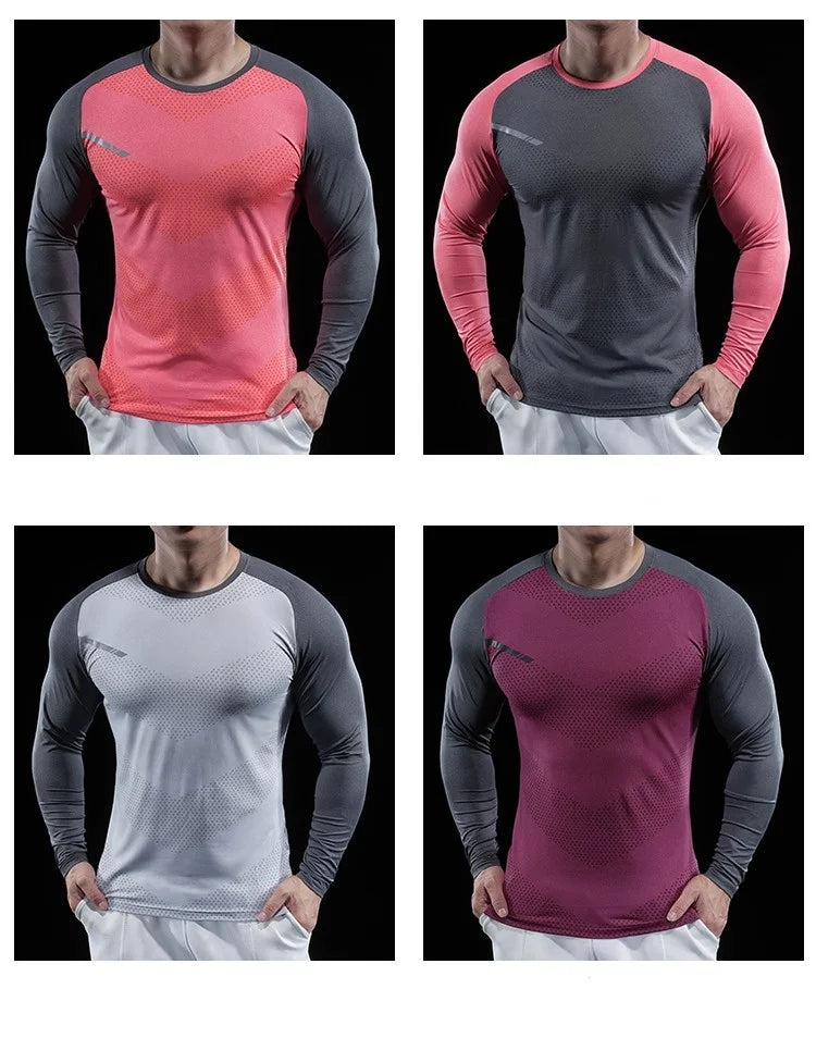 Autumn Winter Men Gym Fitness Display Long Sleeve T-Shirt Crew Neck Elastic Moisture Wicking Tights Running Training Bottom Top