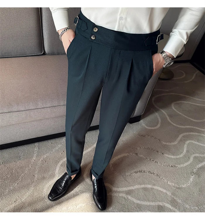 Pure Color Male Business Wedding Dress Pants Fashion Unique Design Men Waist Adjustable Suit Pant No Belt Slim Trousers Homme