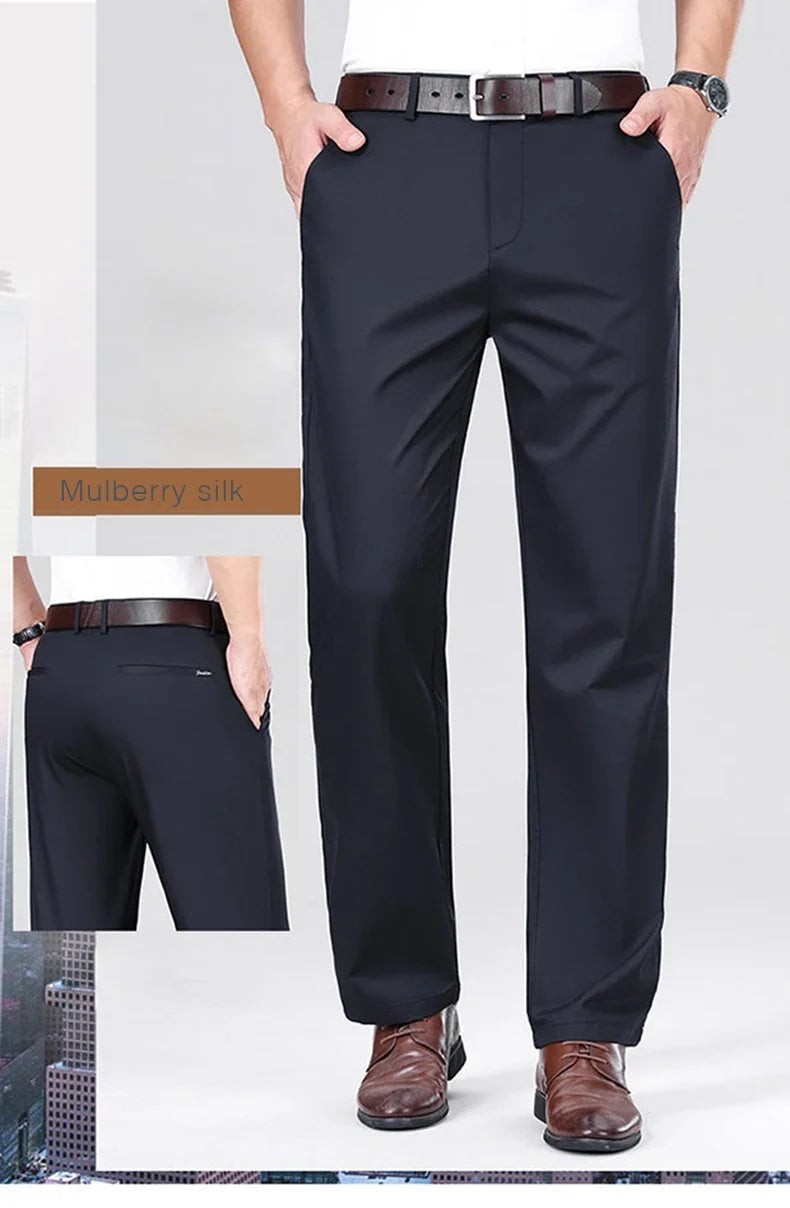 Mulberry Silk Pants Men's Summer Thin Breathable Business Casual Loose Trousers Straight Non-iron Solid Color Plus Size 3colors