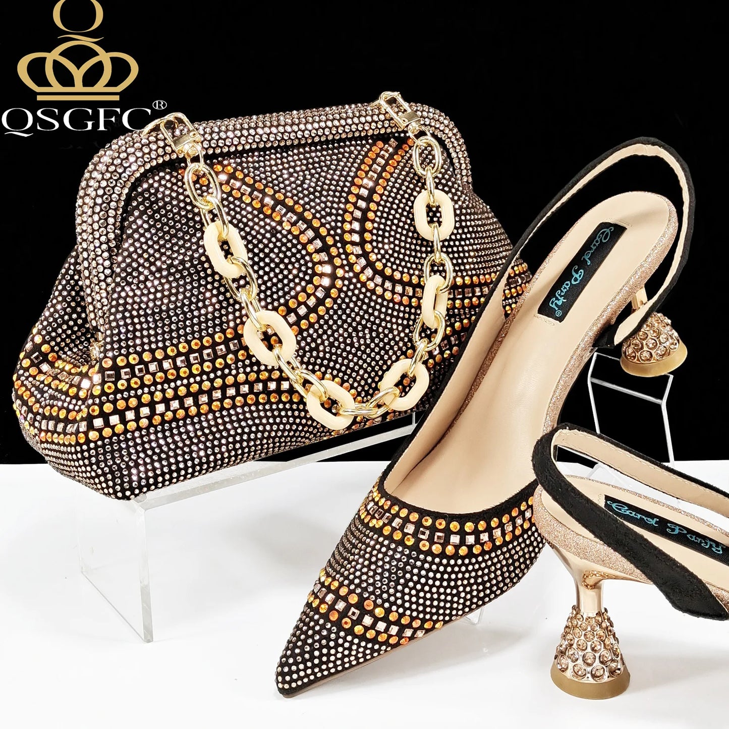 New Italian Pumps and Bag To Party 2024 INS Style Pointed-Toe Rhinestone Elegant High Heels Champagne Wedge for Women