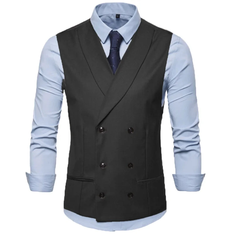 Men Vest Black Solid With Lapel Double Button Waistcoat For Regular Slim Wedding Banquet Business Work Men Suit Vest
