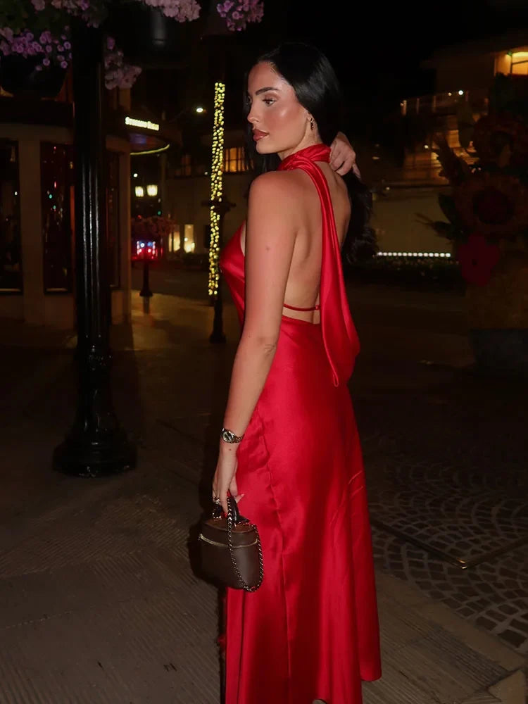Women Halter Neck Sleeveless Backless Sexy Long Dress Summer Fashion Lace Splicing Decorative Hem Slit Solid Evening Dress