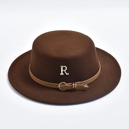 New Metal R Letter Fedora Hat for Women Fashionable Winter Flat Top Wedding Church Bowler Cap Females Elegant Holidays Hat