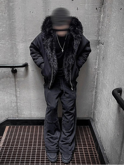 Autumn Winter Oversized Thickened Warm Black Reversible Faux Fur Parka Coat Men with Hood Zipper Fluffy Jacket 2025