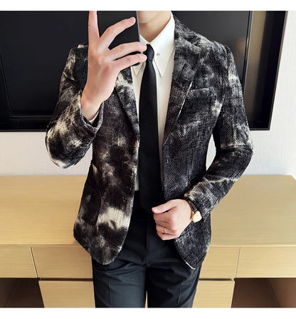 High QualityTie Dye Chenille Men Fashion Casual Suit Jacket Autumn Winter New Korean Slim Fit Social Wedding Suit Blazer