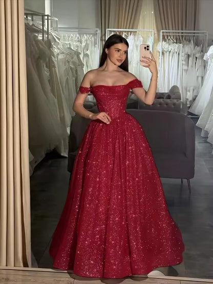 Customized Moden Prom Dress 2026 Glitter Tulle Off the Shoulder Wedding Party Dress Boat-neck A-line Floor-Length Evening Gowns