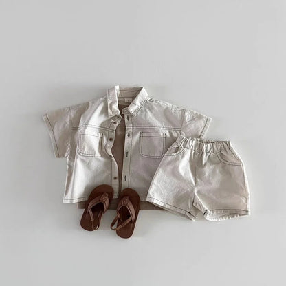 TZ2614 Korean Style Summer New Children's Clothing Set Boy Girl Soft Denim Shirt with Stitching Trendy Outfit for Kids